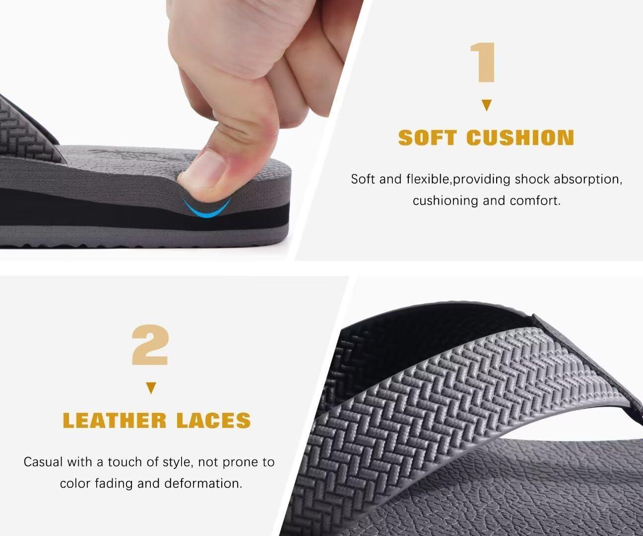 imageKuaiLu Mens Leather Flip Flops Arch Support Summer Beach Pool Water Thong Sandals Waterproof Rubber Walking Shoes Slip on Orthotic Casual Sport Cushioned Wide Slides Shower Slippers Grey Size 7