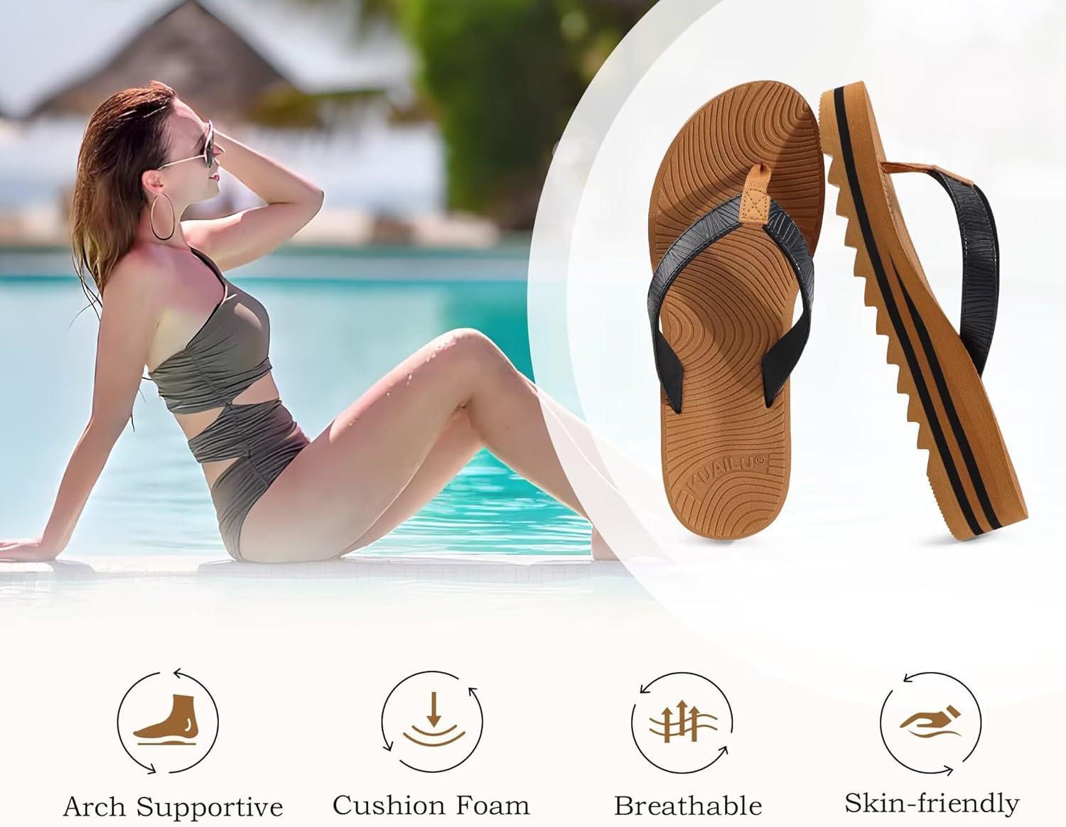 imageKuaiLu Womens Flip Flops Ladies Yoga Mat Platform Thong Sandals Dressy Womans Lightweight Summer Slip On Beach Flip Flop Sandles Soft Cushion Footbed Arch SupportBlack Khaki