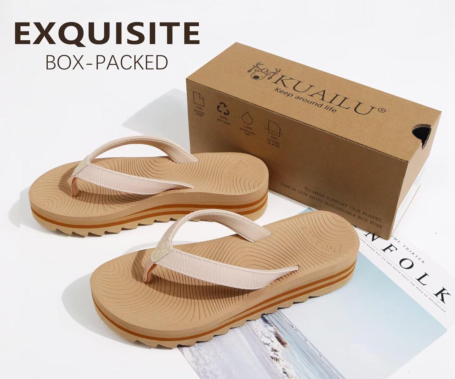 imageKuaiLu Womens Flip Flops Ladies Yoga Mat Platform Thong Sandals Dressy Womans Lightweight Summer Slip On Beach Flip Flop Sandles Soft Cushion Footbed Arch SupportBeige
