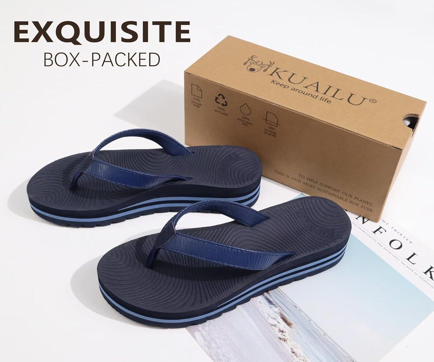 imageKuaiLu Womens Flip Flops Ladies Yoga Mat Platform Thong Sandals Dressy Womans Lightweight Summer Slip On Beach Flip Flop Sandles Soft Cushion Footbed Arch SupportDark Blue