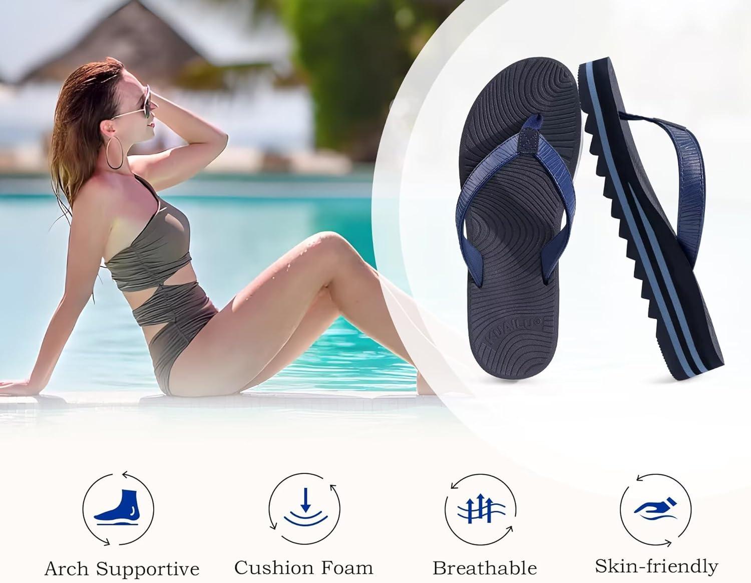 imageKuaiLu Womens Flip Flops Ladies Yoga Mat Platform Thong Sandals Dressy Womans Lightweight Summer Slip On Beach Flip Flop Sandles Soft Cushion Footbed Arch SupportDark Blue