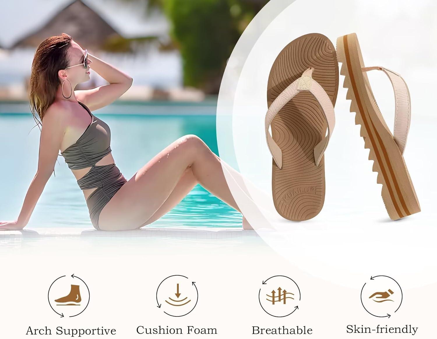 imageKuaiLu Womens Flip Flops Ladies Yoga Mat Platform Thong Sandals Dressy Womans Lightweight Summer Slip On Beach Flip Flop Sandles Soft Cushion Footbed Arch SupportBeige