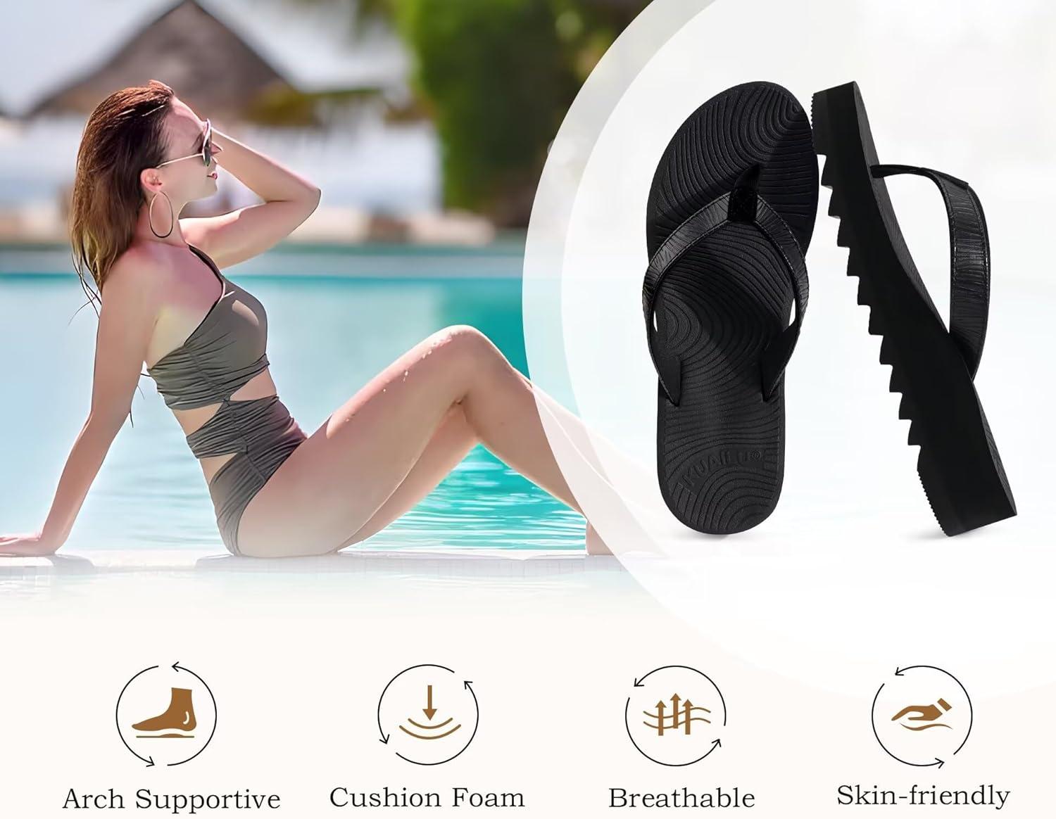 imageKuaiLu Womens Flip Flops Ladies Yoga Mat Platform Thong Sandals Dressy Womans Lightweight Summer Slip On Beach Flip Flop Sandles Soft Cushion Footbed Arch SupportBlack