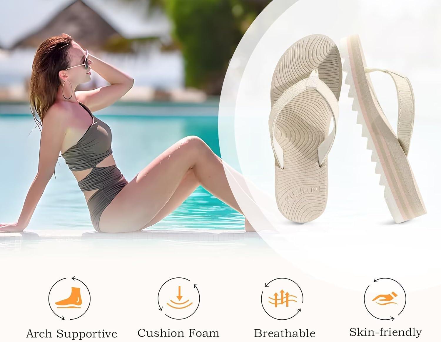 imageKuaiLu Womens Flip Flops Ladies Yoga Mat Platform Thong Sandals Dressy Womans Lightweight Summer Slip On Beach Flip Flop Sandles Soft Cushion Footbed Arch SupportOffwhite
