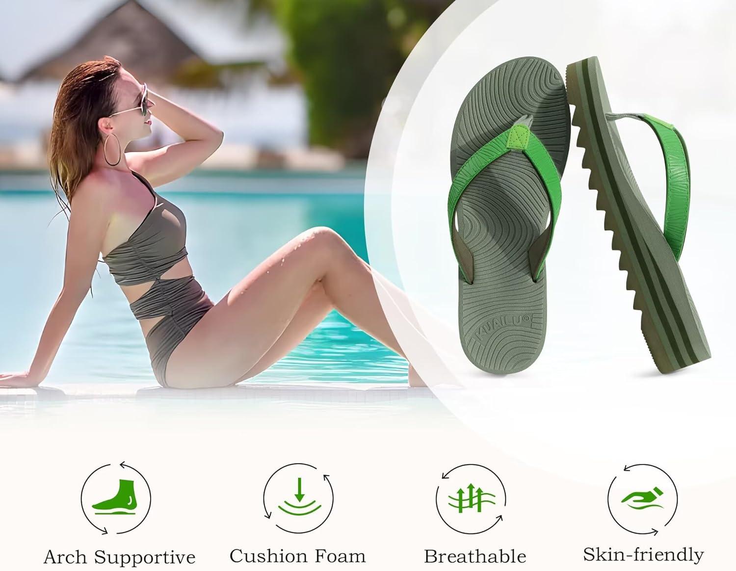 imageKuaiLu Womens Flip Flops Ladies Yoga Mat Platform Thong Sandals Dressy Womans Lightweight Summer Slip On Beach Flip Flop Sandles Soft Cushion Footbed Arch SupportGreen