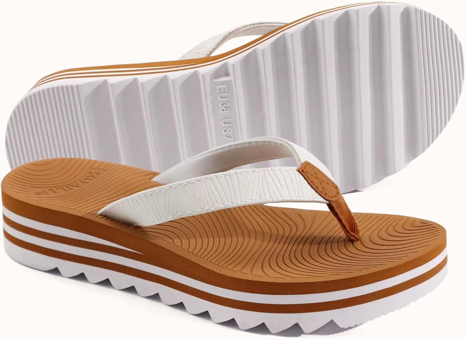 imageKuaiLu Womens Flip Flops Ladies Yoga Mat Platform Thong Sandals Dressy Womans Lightweight Summer Slip On Beach Flip Flop Sandles Soft Cushion Footbed Arch SupportWhite Khaki