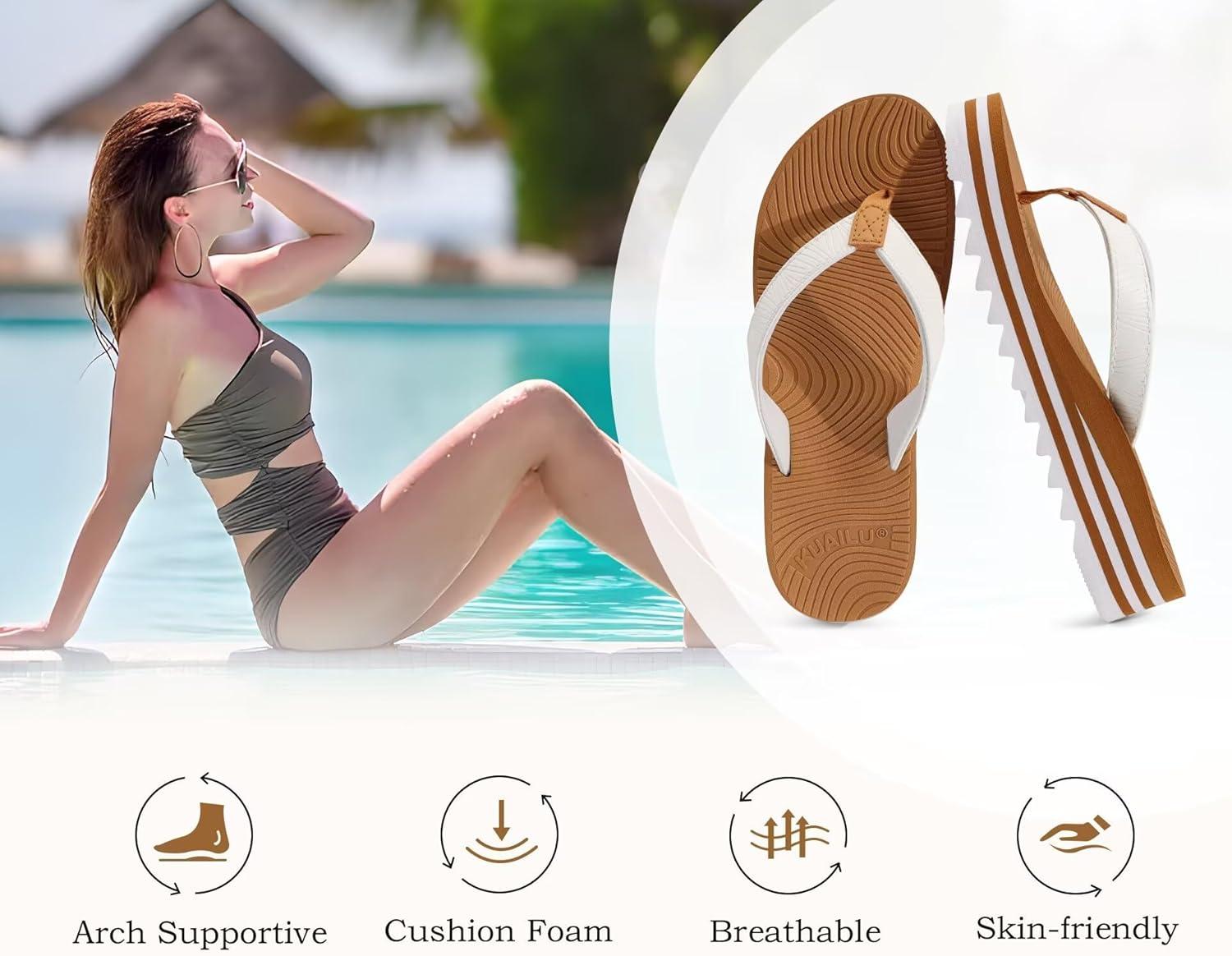 imageKuaiLu Womens Flip Flops Ladies Yoga Mat Platform Thong Sandals Dressy Womans Lightweight Summer Slip On Beach Flip Flop Sandles Soft Cushion Footbed Arch SupportWhite Khaki