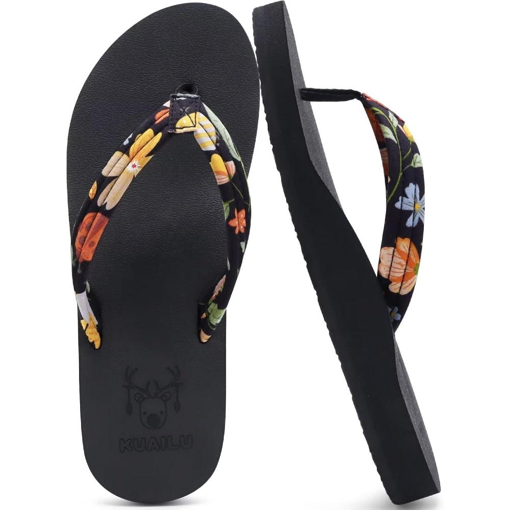 imageKuaiLu Womens Arch Support Flip Flops Ladies Comfort Lightweight Soft Yoga Mat Cushion Walking Thong SandalsBlack