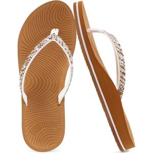 imageKuaiLu Womens Rhinestone Flip Flops with Comfort Arch Support Yoga Mat Cushion Sandals Fashion Summer Beach Travel Orthotic Walking Thong Sandles Slip on Plantar Fasciitis Indoor Outdoor ShoesWhite Khaki