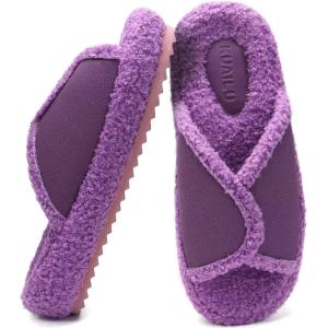 imageKUAILU Women Cozy Slippers Comfortable Suede Faux Fluff Warm Sherpa Lining House slippers for ladies Bedroom Memory Foam Cushioned Orthotic Open Toe Slides Thick Hard Sole IndoorampampOutdoor US Size 511Purplechoose One Size Up
