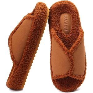 imageKUAILU Women Cozy Slippers Comfortable Suede Faux Fluff Warm Sherpa Lining House slippers for ladies Bedroom Memory Foam Cushioned Orthotic Open Toe Slides Thick Hard Sole IndoorampampOutdoor US Size 511Khakichoose One Size Up