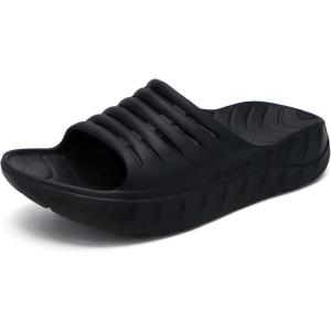 imageKuaiLu Mens Recovery Sandals Orthotic Thick Cushion Open Toe Sport Slides With Comfortable Plantar Fasciitis Arch Support Reduces Stress on Feet Joints ampamp Back PostExerciseDark Black