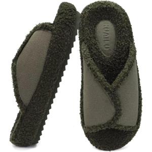 imageKuaiLu Women Cozy Slippers Comfortable Suede Faux Fluff Warm Sherpa Lining ladies Bedroom Memory Foam Cushioned Orthotic Open Toe Arch Support Slides Thick Hard Sole IndoorampampOutdoor Green 85