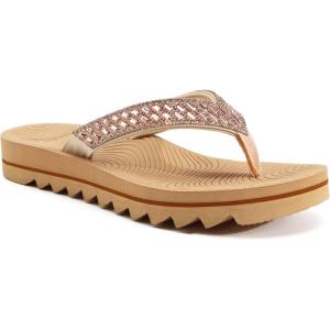 imageKuaiLu Womens Orthotic Flip Flops with Arch Support Yoga Mat Cushion Fashion Rhinestone Sandals Summer Walking Beach Travel Thong Slides Comfy Plantar Fasciitis Indoor Outdoor Sandles US511Beige