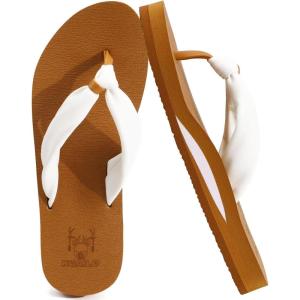 imageKuaiLu Womens Flip Flops With Arch Support Comfortable Yoga Mat Cushion Thong Leather Sandals for Ladies Fashion Slip On Summer Beach Walking Slides Indoor Outdoor Travel Orthotic SlippersKhaki White