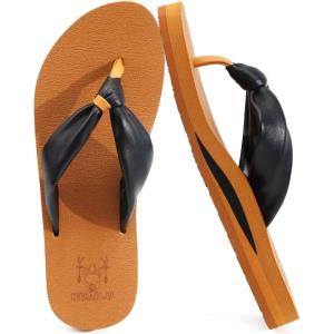 imageKuaiLu Womens Flip Flops With Arch Support Comfortable Yoga Mat Cushion Thong Leather Sandals for Ladies Fashion Slip On Summer Beach Walking Slides Indoor Outdoor Travel Orthotic SlippersKhaki Black