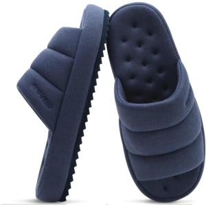 imageKuaiLu Mens Fashion Quilted Cottonblend Fabric Sandal Slippers Cozy Memory Foam IndoorOutdoor House Shoes with Lightweight Soft Cushion Footbed Hard Rubber SoleDark Blue