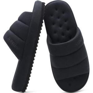 imageKuaiLu Mens Fashion Quilted Cottonblend Fabric Sandal Slippers Cozy Memory Foam IndoorOutdoor House Shoes with Lightweight Soft Cushion Footbed Hard Rubber SoleAll Black