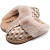 imageKuaiLu Womens Fluff Dual Memory Foam Slippers Ladies Cozy Arch Support Warm Scuff Slippers Slip on Comfy Winter House Shoes with NonSlip Indoor Outdoor Hard SolePlaid Beige