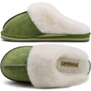 imageKuaiLu Womens Fluff Dual Memory Foam Slippers Ladies Cozy Arch Support Warm Scuff Slippers Slip on Comfy Winter House Shoes with NonSlip Indoor Outdoor Hard SoleGreen