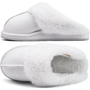imageKuaiLu Womens Fluff Dual Memory Foam Slippers Ladies Cozy Arch Support Warm Scuff Slippers Slip on Comfy Winter House Shoes with NonSlip Indoor Outdoor Hard SoleSnow White