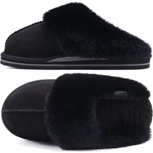 imageKuaiLu Womens Fluff Dual Memory Foam Slippers Ladies Cozy Arch Support Warm Scuff Slippers Slip on Comfy Winter House Shoes with NonSlip Indoor Outdoor Hard SoleDark Black