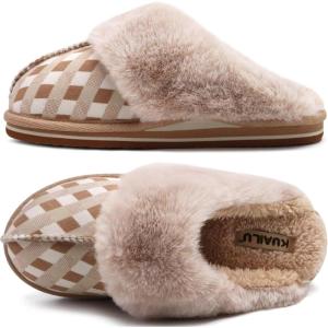 imageKuaiLu Womens Fluff Dual Memory Foam Slippers Ladies Cozy Arch Support Warm Scuff Slippers Slip on Comfy Winter House Shoes with NonSlip Indoor Outdoor Hard SolePlaid Beige
