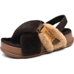 imageKuaiLu Womens Fuzzy Criss Cross Band Platform Slippers Back Strap Arch Support Furry Faux Fur Ladies Open Toe Slingback Slide Cozy Soft Plush Fleece Comfy House Shoes Sandals Indoor Outdoor Brown 6