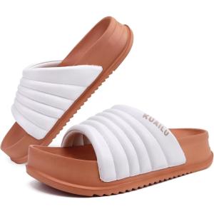 imageKuaiLu Womens Sandals with Arch Support Orthopedic Comfortable Lightweight Cushion Recovery Slides Summer Fashion Leather Casual Womans Plantar Fasciitis Sandals for IndoorampampOutdoor US Size 612White Khaki
