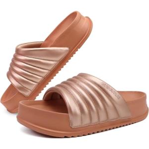 imageKuaiLu Womens Sandals with Arch Support Orthopedic Comfortable Lightweight Cushion Recovery Slides Summer Fashion Leather Casual Womans Plantar Fasciitis Sandals for IndoorampampOutdoor US Size 612Champagne Gold