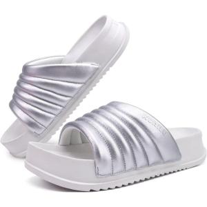 imageKuaiLu Womens Sandals with Arch Support Orthopedic Comfortable Lightweight Cushion Recovery Slides Summer Fashion Leather Casual Womans Plantar Fasciitis Sandals for IndoorampampOutdoor US Size 612Silver White