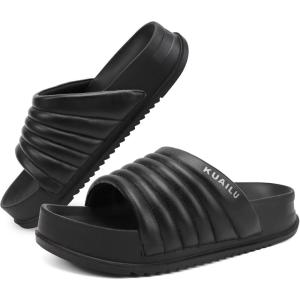imageKuaiLu Womens Sandals with Arch Support Orthopedic Comfortable Lightweight Cushion Recovery Slides Summer Fashion Leather Casual Womans Plantar Fasciitis Sandals for IndoorampampOutdoor US Size 612Black