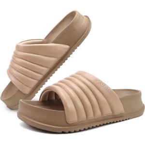 imageKuaiLu Womens Sandals with Arch Support Orthopedic Comfortable Lightweight Cushion Recovery Slides Summer Fashion Leather Casual Womans Plantar Fasciitis Sandals for IndoorampampOutdoor US Size 612Beige