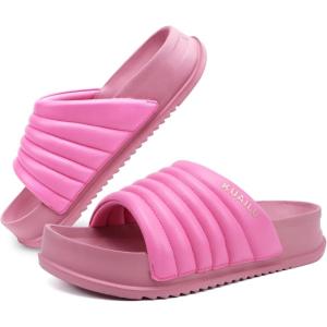 imageKuaiLu Womens Sandals with Arch Support Orthopedic Comfortable Lightweight Cushion Recovery Slides Summer Fashion Leather Casual Womans Plantar Fasciitis Sandals for IndoorampampOutdoor US Size 612Hot Pink