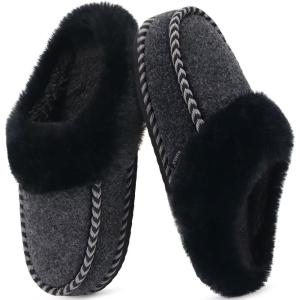 imageKuaiLu Womens Memory Foam Slippers with Cozy Fluff Plush Ladies Bedroom Pantuflas Comfy House Winter Moccasin Essential Trendy Slippers Comfortable Indoor Outdoor Rubber Sole Footwear US511Black