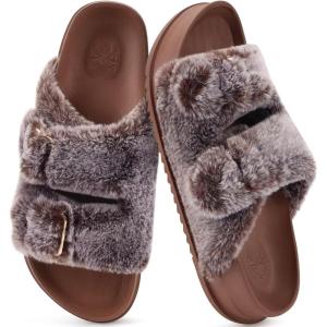 imageKuaiLu Womens Fluff Slippers Plantar Fasciitis Arch Support Platform Slippers Ladies Fashion Open Toe Faux Fur Sliders Womens House Slipper Size 612Coffee Brown Tip Dyeing