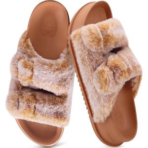 imageKuaiLu Womens Fluff Slippers Plantar Fasciitis Arch Support Platform Slippers Ladies Fashion Open Toe Faux Fur Sliders Womens House Slipper Size 612Khaki Tip Dyeing