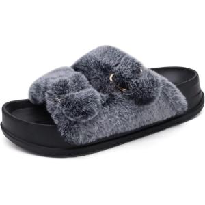 imageKuaiLu Womens Fluff Slippers Plantar Fasciitis Arch Support Platform Slippers Ladies Fashion Open Toe Faux Fur Sliders Womens House Slipper Size 612Vogue Black Tip Dyeing