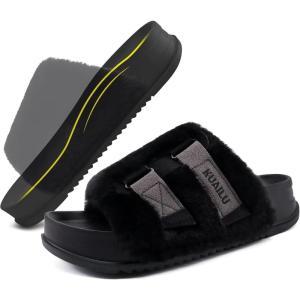 imageKuaiLu Womens Orthotic Sandals Comfortable Arch Support Faux Fur Sandal Slippers Casual Summer Adjustable Cushion Slides Slip On Indoor Outdoor House Shoes  Ultrasoft Comfort Fit FootbedBlack