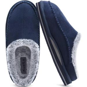 imageKuaiLu Mens Clog Slippers with Arch Support Suede Faux Fur Memory Foam Warm House Shoes Comfortable Slipon Mans Bedroom Indoor Outdoor Slippers Rubber SoleBlue