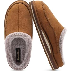 imageKuaiLu Mens Clog Slippers with Arch Support Suede Faux Fur Memory Foam Warm House Shoes Comfortable Slipon Mans Bedroom Indoor Outdoor Slippers Rubber SoleKhaki