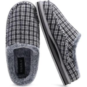 imageKuaiLu Mens Clog Slippers with Arch Support Suede Faux Fur Memory Foam Warm House Shoes Comfortable Slipon Mans Bedroom Indoor Outdoor Slippers Rubber SoleLight Grey Plaid