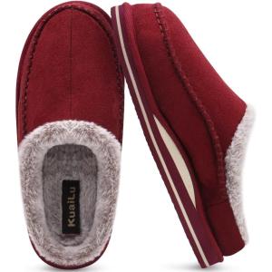 imageKuaiLu Mens Clog Slippers with Arch Support Suede Faux Fur Memory Foam Warm House Shoes Comfortable Slipon Mans Bedroom Indoor Outdoor Slippers Rubber SoleRed