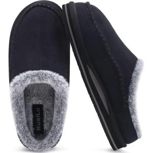 imageKuaiLu Mens Clog Slippers with Arch Support Suede Faux Fur Memory Foam Warm House Shoes Comfortable Slipon Mans Bedroom Indoor Outdoor Slippers Rubber SoleBlack