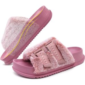 imageKuaiLu Womens Orthotic Sandals Comfortable Arch Support Faux Fur Sandal Slippers Casual Summer Adjustable Cushion Slides Slip On Indoor Outdoor House Shoes  Ultrasoft Comfort Fit FootbedLovely Pink Tip Dyeing