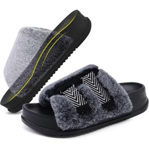 imageKuaiLu Womens Orthotic Sandals Comfortable Arch Support Faux Fur Sandal Slippers Casual Summer Adjustable Cushion Slides Slip On Indoor Outdoor House Shoes  Ultrasoft Comfort Fit FootbedVogue Black Tip Dyeing
