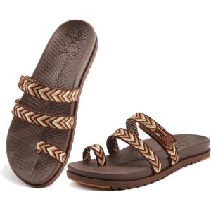 imageKuaiLu Womens Slides Sandals with Plantar Fasciitis Arch Support Fashion Comfort Adjustable Flat Sandals Ladies Lightweight Orthotic Slip on SandalsStylish Brown