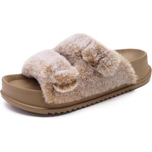imageKuaiLu Womens Fluff Slippers Plantar Fasciitis Arch Support Platform Slippers Ladies Fashion Open Toe Faux Fur Sliders House Slipper Camel Brown Size 11