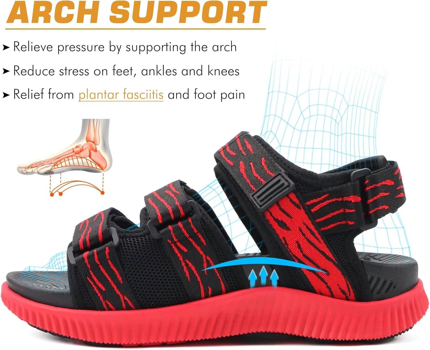 imageKuaiLu Mens Hiking Sandals with Arch Support Orthopedic Walking Recovery Sandals for Plantar Fasciitis Open Toe Summer Athletic Sport Comfortable Cushion Breathable Outdoor Water Sandals Size713BlackRed