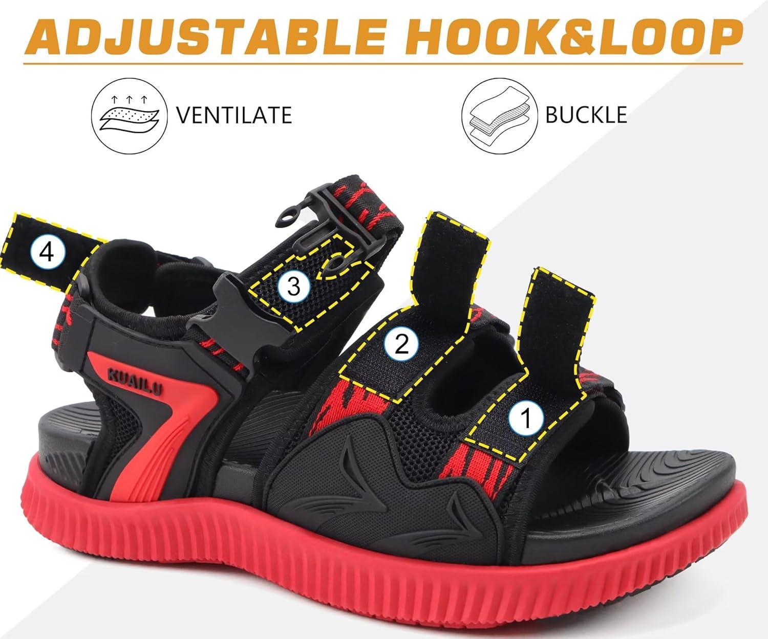 imageKuaiLu Mens Hiking Sandals with Arch Support Orthopedic Walking Recovery Sandals for Plantar Fasciitis Open Toe Summer Athletic Sport Comfortable Cushion Breathable Outdoor Water Sandals Size713BlackRed